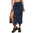 thumbnail image 1 of Falda de mezclilla larga con cremallera frontal y abertura para mujer INSPIRE CHIC con bolsillos M azul profundo, 1 of 5