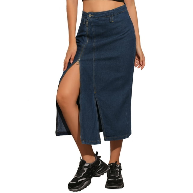 Falda de mezclilla larga con cremallera frontal y abertura para mujer INSPIRE CHIC con bolsillos M azul profundo