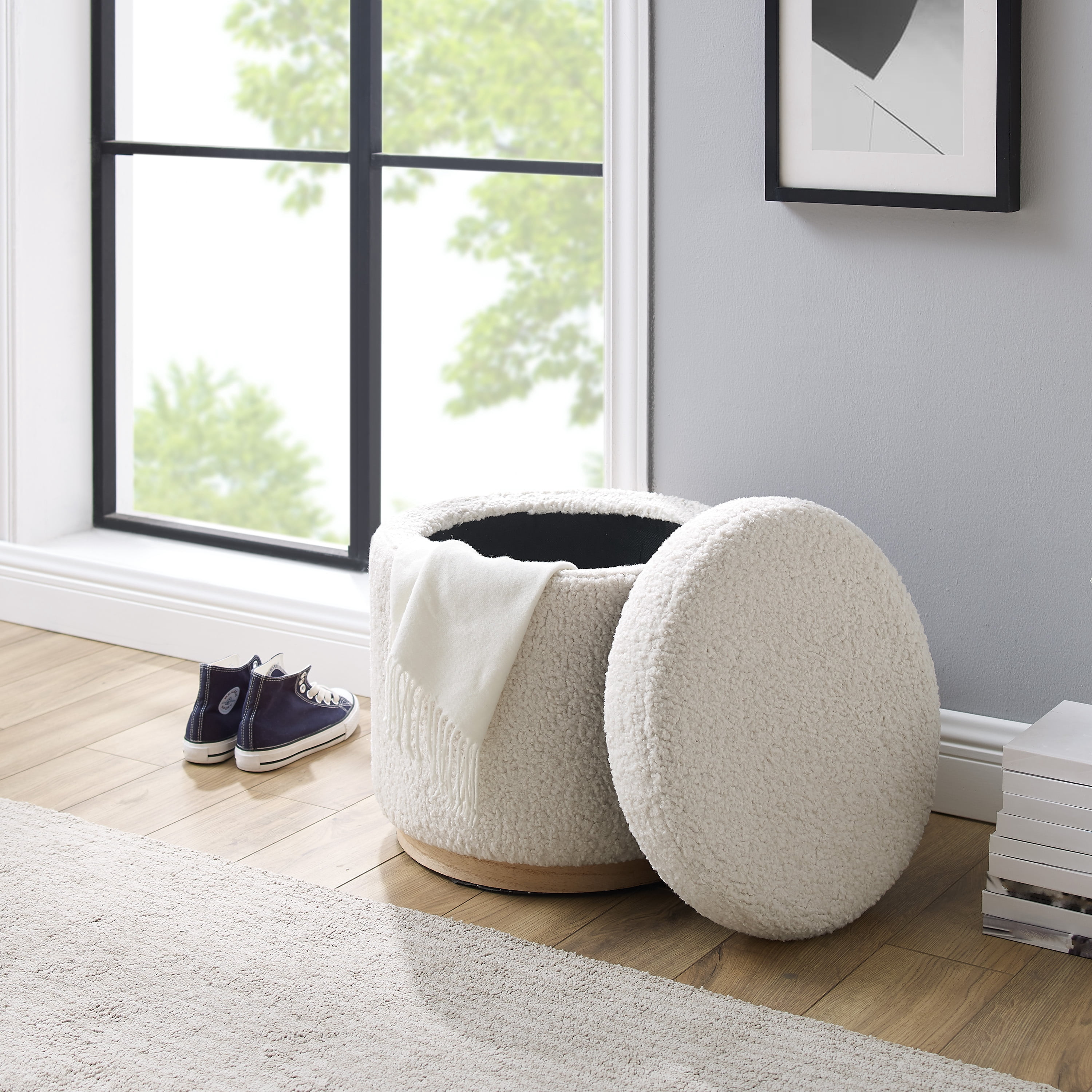 Linon Primrose Faux Sherpa Storage Ottoman, Natural