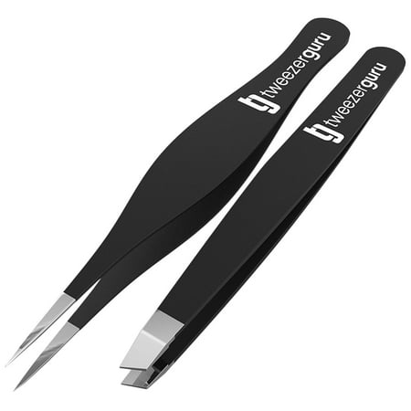 Tweezers Slant Tip & Point Tip Set for Eyebrows - Tweezer Guru 2 Pack Stainless Steel Precision Facial Hair Remover - Ingrown Hair, Splinter, Blackhead and Tick Removal for Women & Men