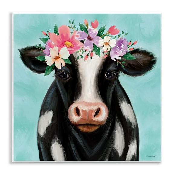 Stupell Industries Cow with Pastel Flowers Animals & Insects Painting Unframed Art Print Wall Art, 12 x 12