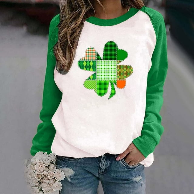 St Patricks Jour de Mode Chemises Irlandaises pour les Femmes Printemps Patchwork St. Patrick'S Jour Imprimé Manches Longues Col Décontracté Tee Tops