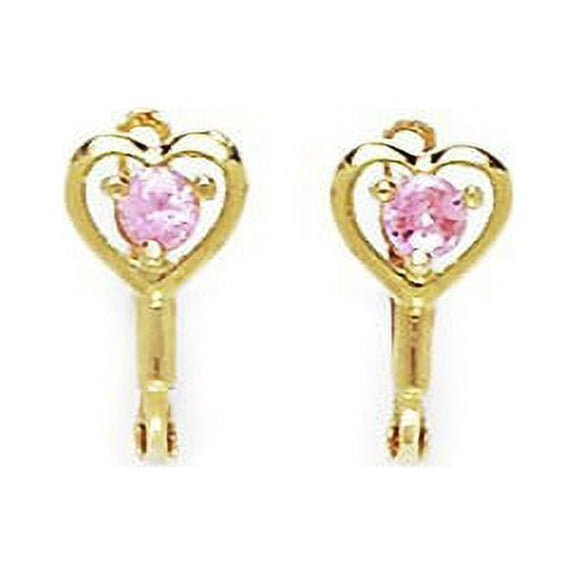 14k Yellow Gold October Pink 3mm CZ Heart Leverback Earrings - Measures 12x5mm