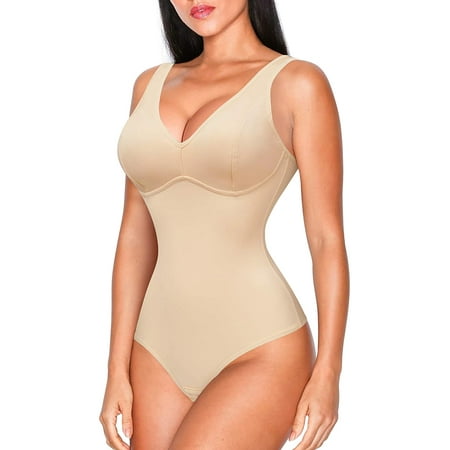 

Nebility Women Waist Trainer Shapewear Slim Body Shaper Sexy Deep V Neck Thong Bodysuit Tummy Control Jumpsuit Tops(Beige XX-Large)