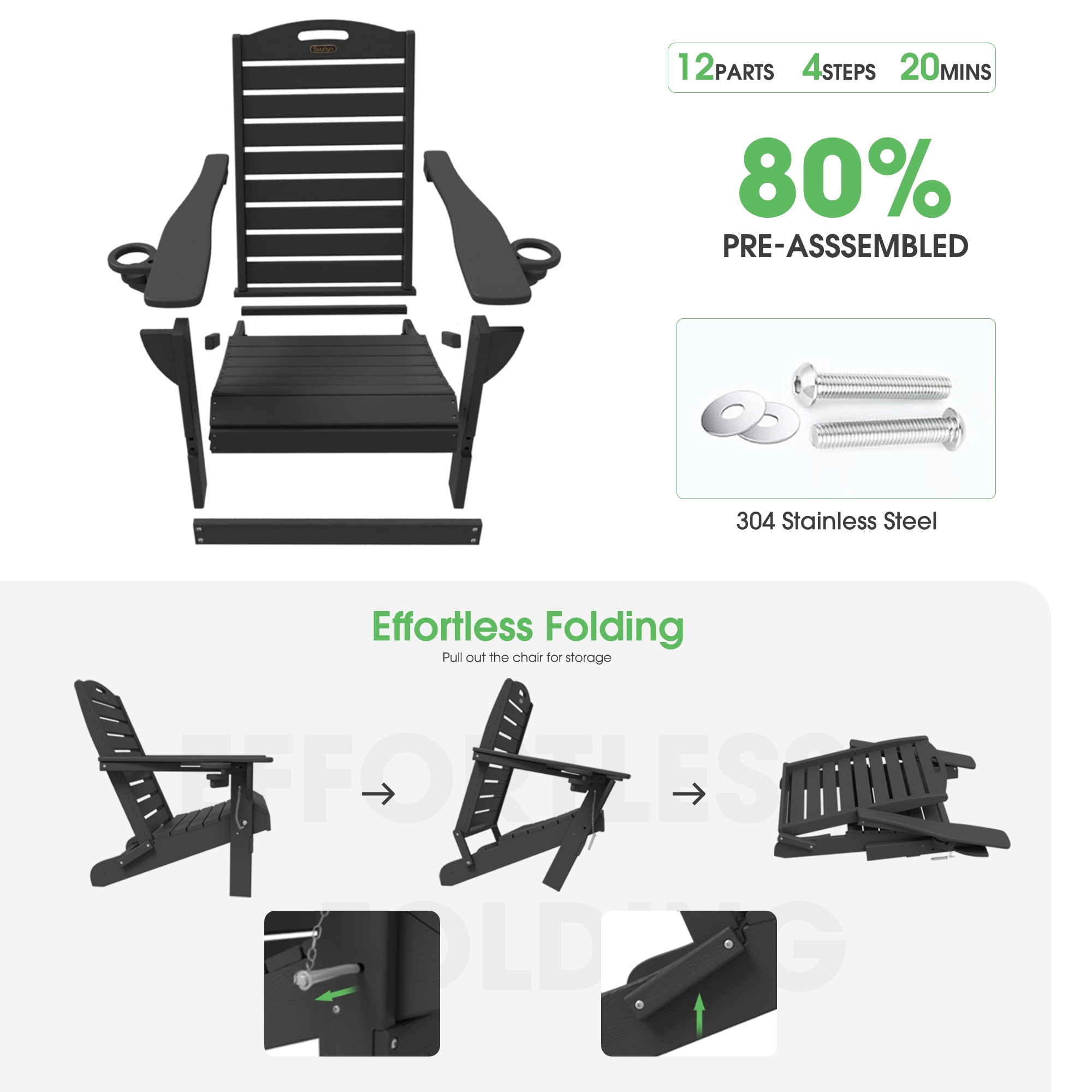 Folding HDPE Adirondack Chair, Weather Resistant Outdoor Fire Pit Patio Chair, Black