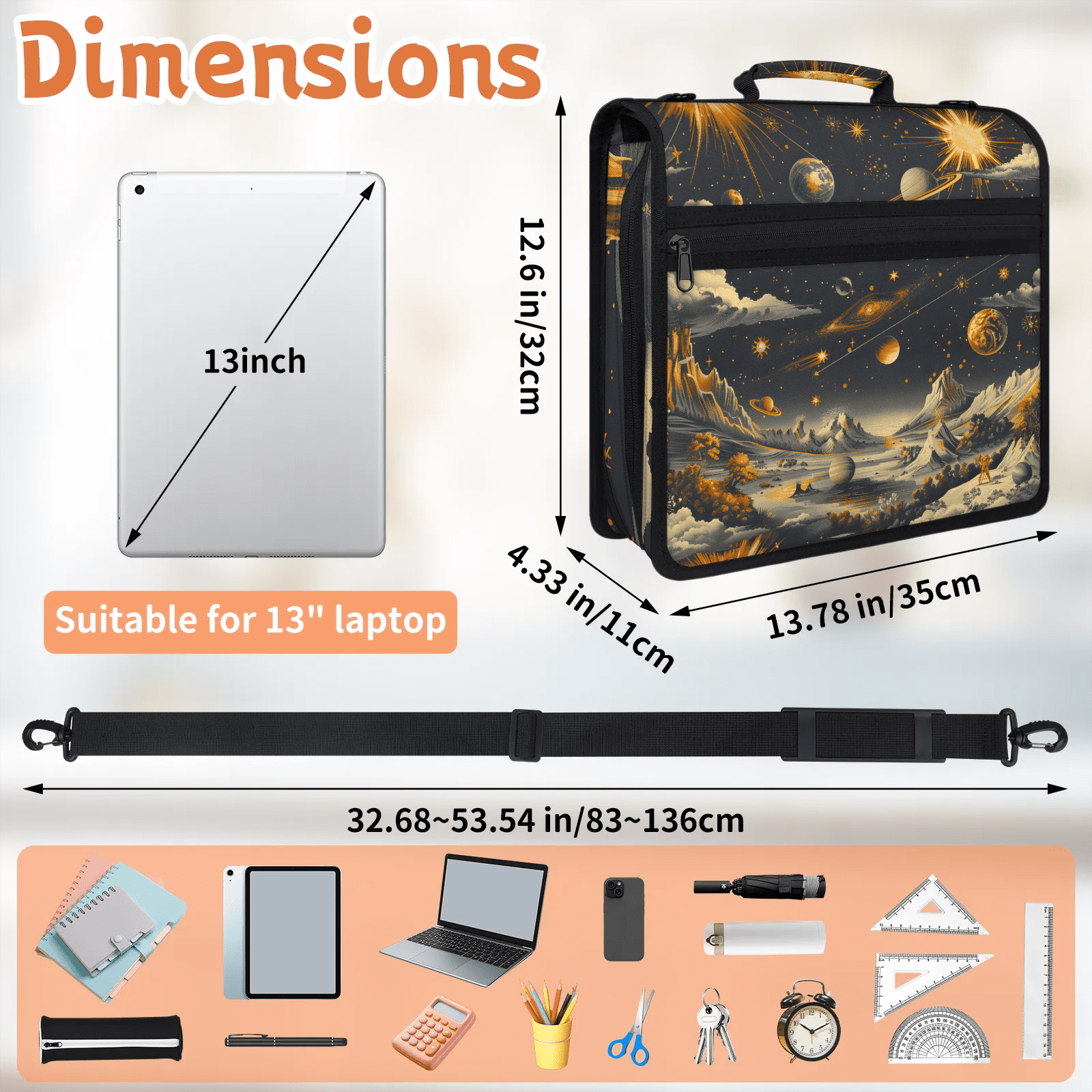 Herdesigns Galaxy Star Zipper Binder 1.5 Inch 3 D-Rings with Shoulder Strap & Handle, Waterproof Outer Space Binder Organizer Bag for 13 Inch Laptop