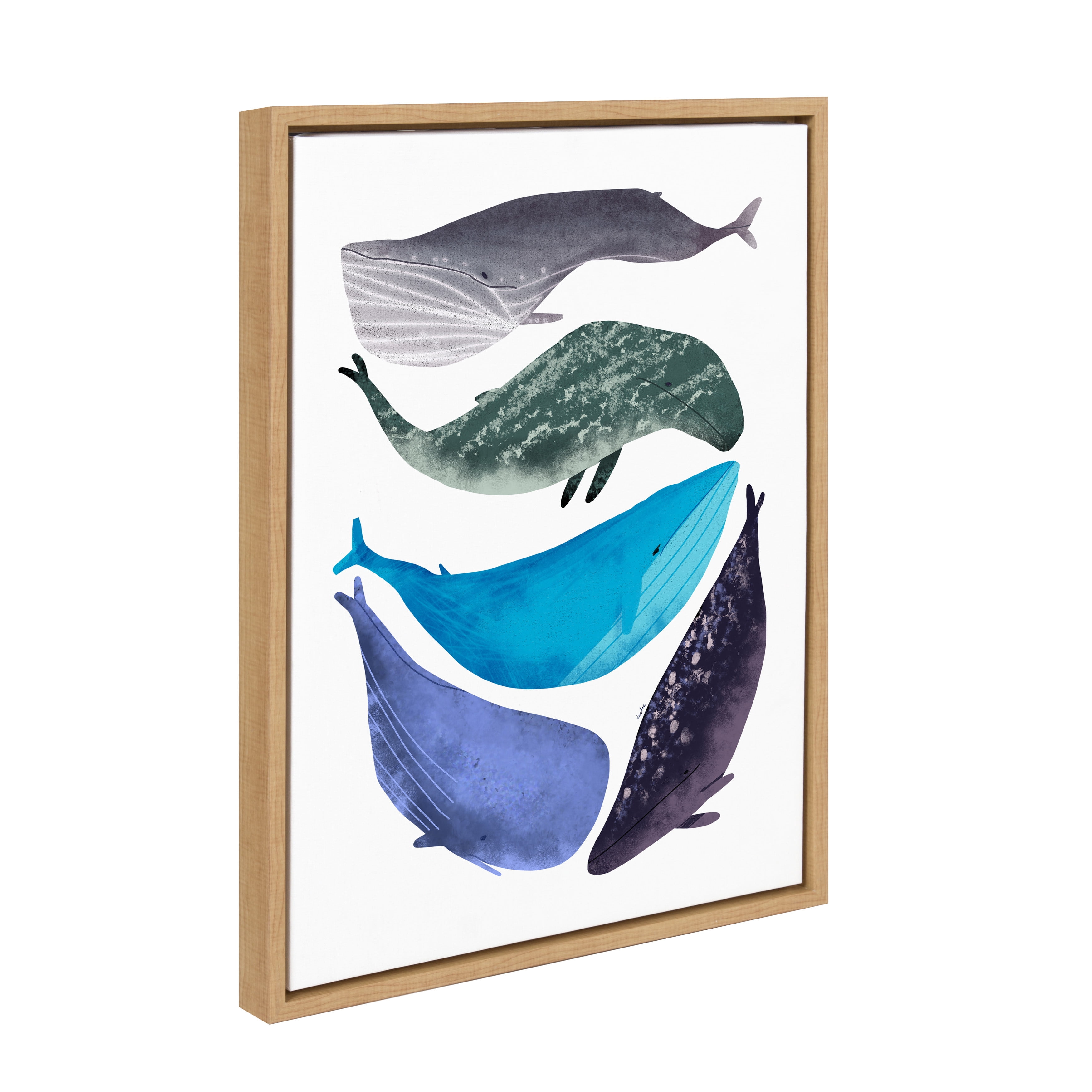 Kate and Laurel Sylvie Watercolor Whales Art Framed Canvas Wall Art by Lida Larina, 18x24 Natural Ocean Beach