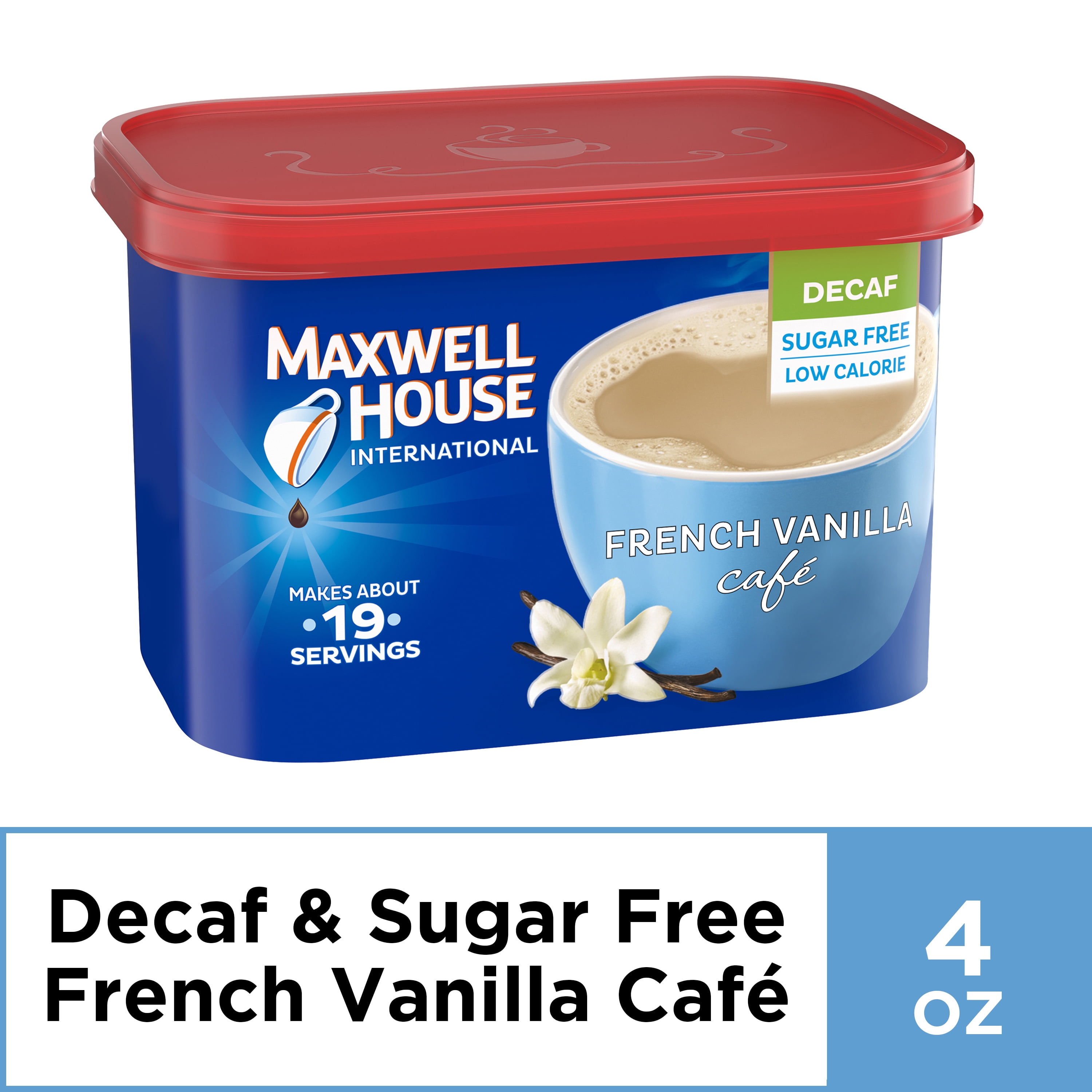 Maxwell House International French Vanilla Sugar Free Decaf Instant Coffee, Decaffeinated, 4 oz