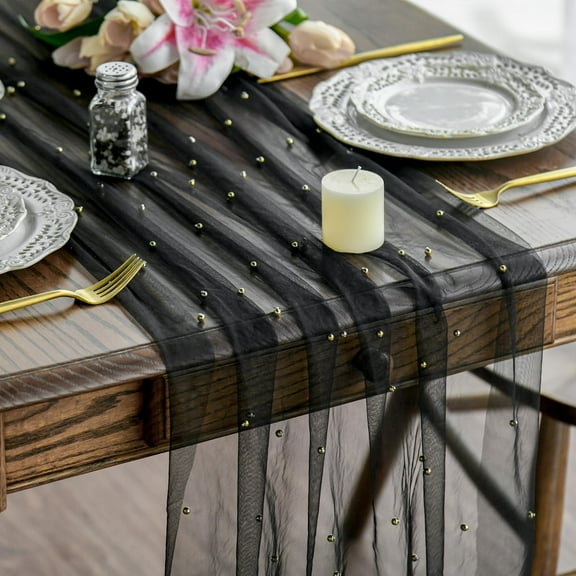 Pearl Black Gauze Table Runner 120 Inch 10FT, Seasonal Sheer Dining Holiday Wedding Birthday Baby Shower Table Decor for Home Party