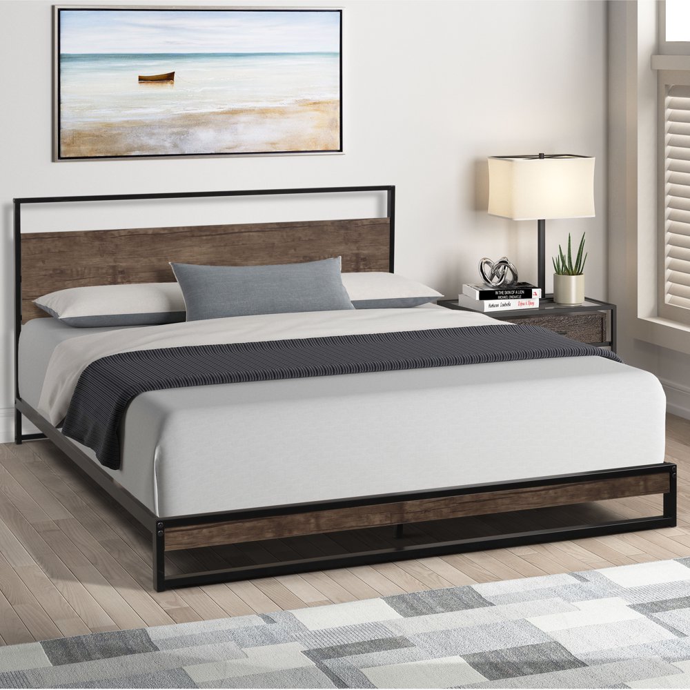 Industrial Metal and Wood Queen Size Headboard Footboard Bed Frame Bedroom for Guest Room School