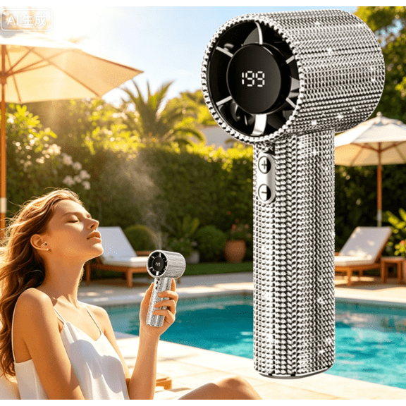 Shining Crystal Glitter Design Portable Handheld Fan Bling Mini Personal Hand Held Fan,Digital Display,Rechargeable Mini Fans for Outdoor Indoor