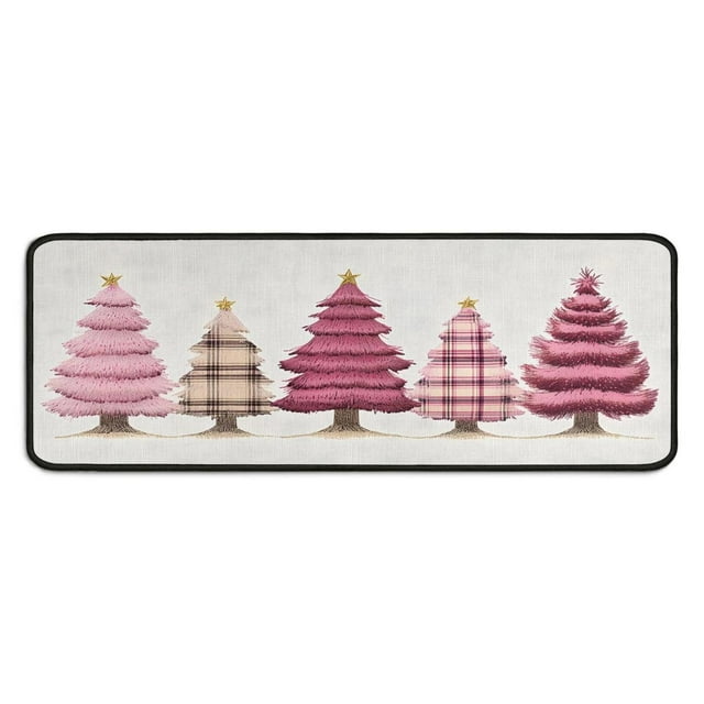 Kitchen Rug Set of 2 Non Skid Christmas Kitchen Mats for Floor,Merry Christmas Pink Triangle Tree Kitchen Runner for Bathroom,Room Farmhouse (47x17+30x17 Inches)