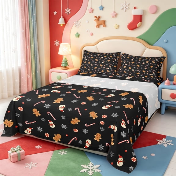 Manfei Winter Holiday Bed Sheets,Kawaii Christmas Snowman Full Size Sheets,4 Pieces,1 Flat Sheet,1 Fitted Sheet and 2 Pillowcases