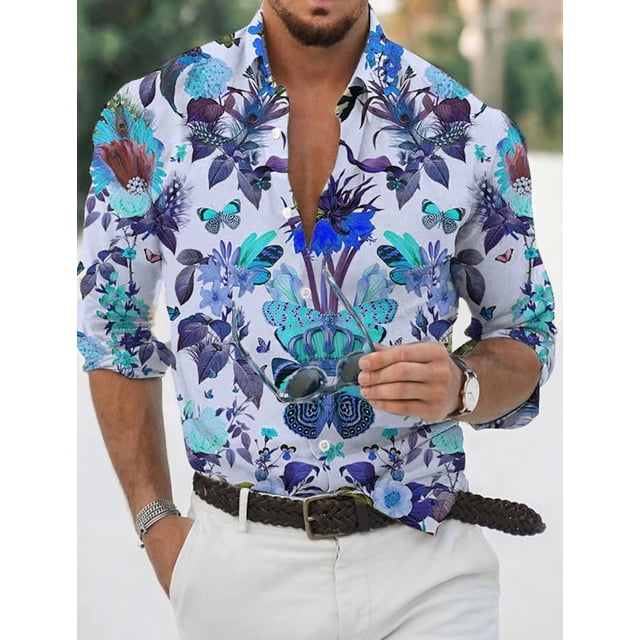 Camisa estampada para hombre con historia de mariposas para el día de San Valentín, cuello clásico informal, ropa de manga larga para salir de Vaion