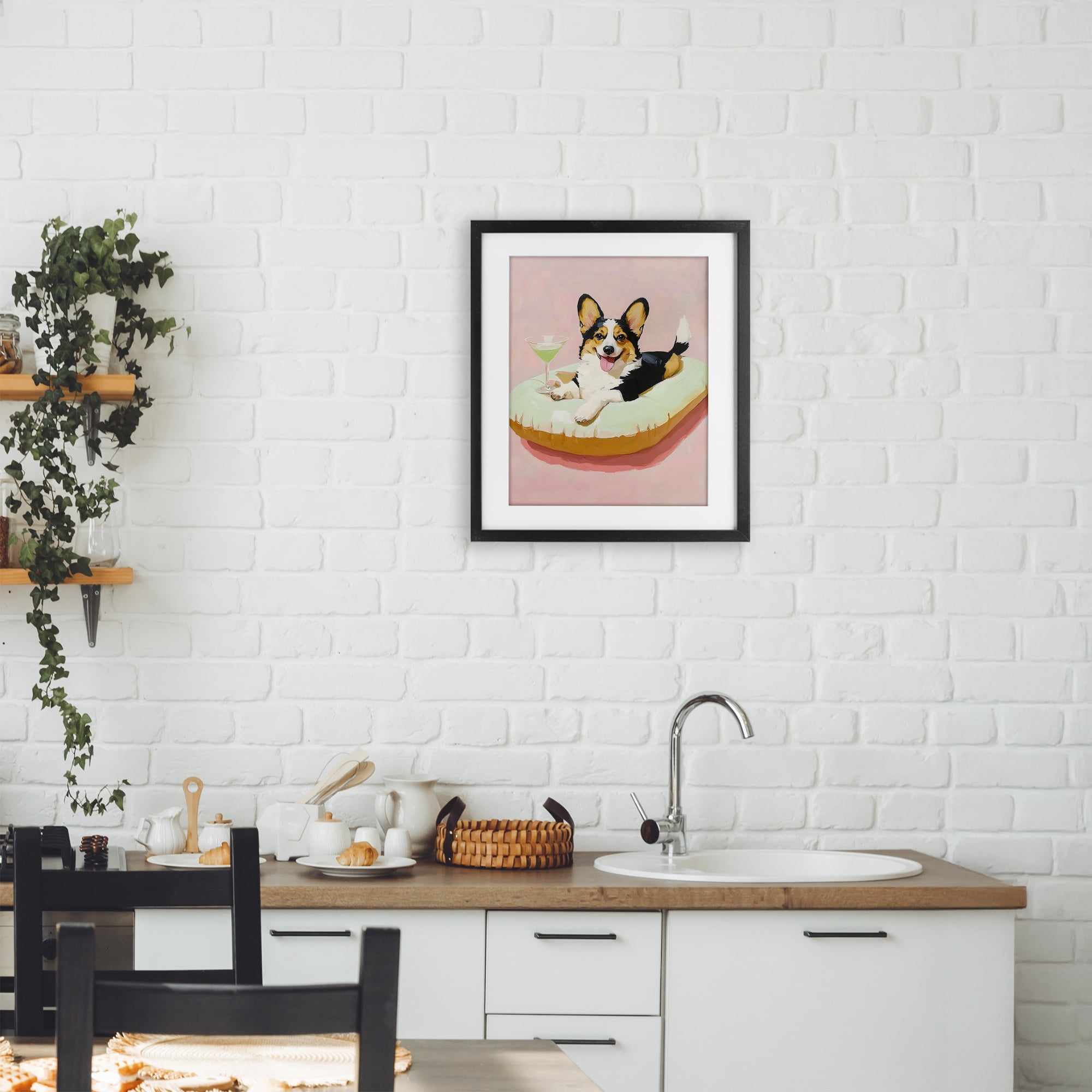 Stupell Industries Pastel Corgi with Cocktail Black Framed Print Under Glass, design by The Prints Vibe