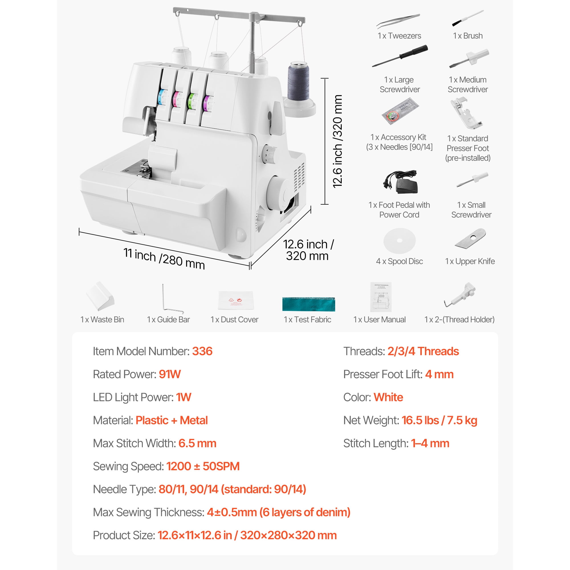 KFFKFF Serger Overlock Sewing Machine, 1250 Stitches Per Minute, Supports 2-3-4 Thread Options, Adjustable Differential Feed from 0.7 to 2, Equipped with Free Arm and LED Light