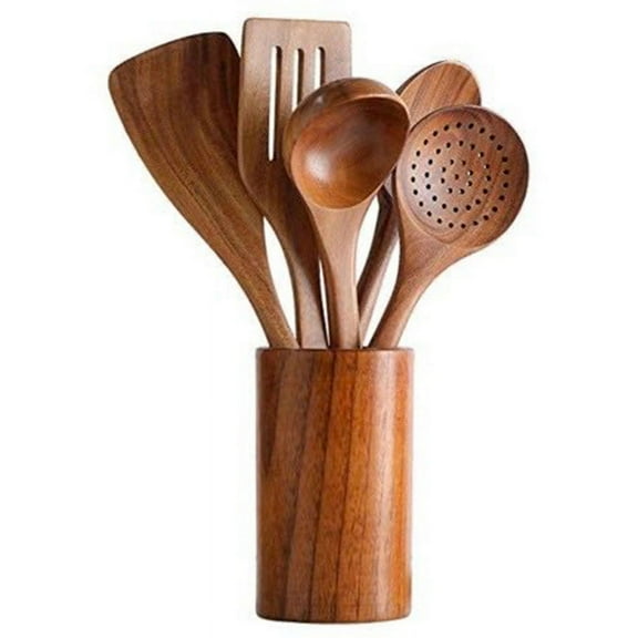 6 Pcs Kitchen Cooking Utensils Set Pure Natural Wooden Non-toxic Spatula Spoon