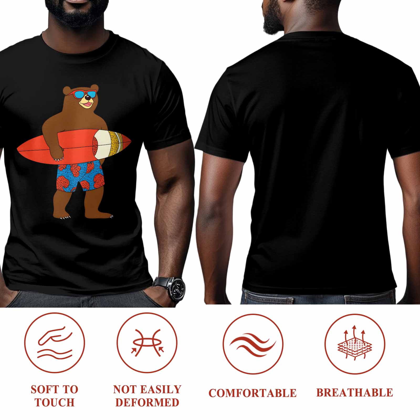 Surf Brown Bear Men's T Shirts Cartoon Bear with Glasses T-Shirt for Men Crew Neck Tees Cotton Tops Black, S