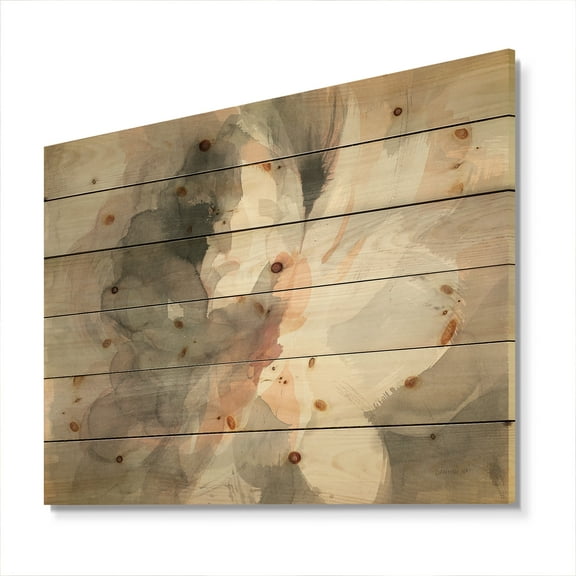 Designart 'Abstract Peony Grey' Pink Modern Print on Natural Pine Wood