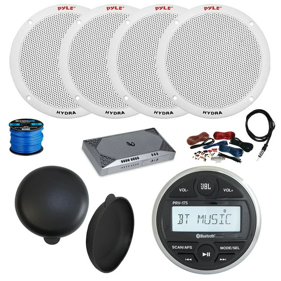 JBL PRV-175 Marine Gauge Mount USB Bluetooth AM/FM Digital Stereo Receiver, 4-Channel Amplifier w/Kit, 4X 6.5" 400 Watt 2-Way Dual Cone Full Range Speakers (White) w/ Wire, Radio Cover, Antenna