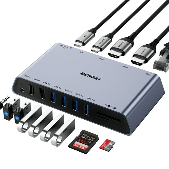 BENFEI DisplayLink 12-in-1 USB 3.0 Docking Station with Dual HDMI Display/6*USB Ports/SD/TF Card Reader/Gigabit Ethernet/3.5mm Headphone Jack