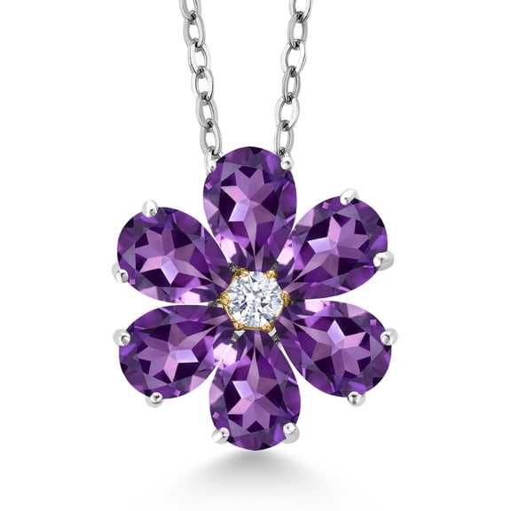 Gem Stone King 925 Sterling Silver and 10K Yellow Gold Purple Amethyst Pear Shape Flower Pendant Necklace for Women (2.21 Cttw, Gemstone Birthstone, with 18 inch Chain)