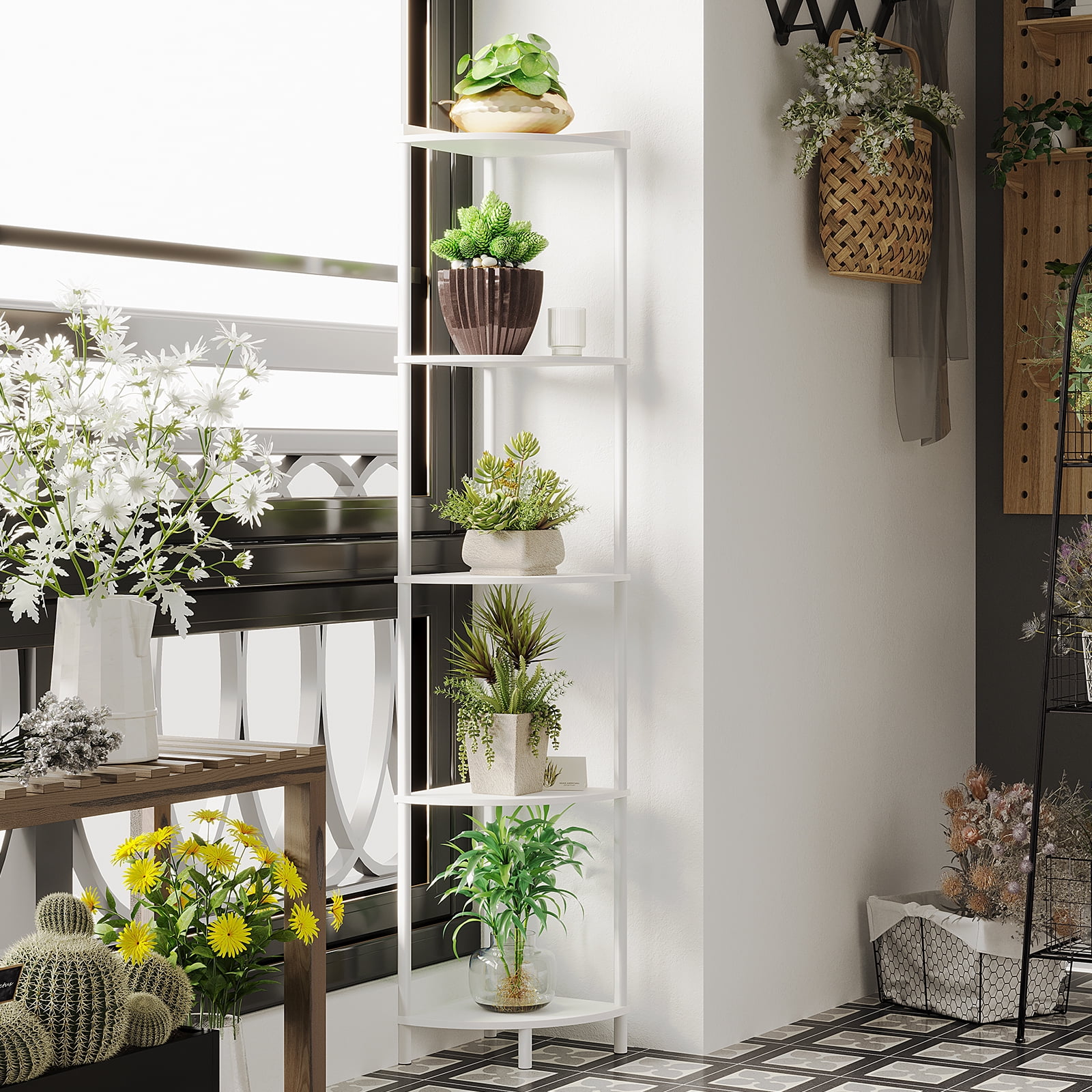 SUNMORY 65" Corner Shelf Stand, 5-Tier Industrial Corner Shelves, Wall Corner Bookshelf, Display Shelf Tall Shelf Plant Stand for Bedroom, Bathroom, Living Room, Corridor