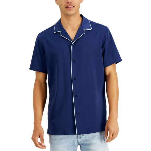 INC International Concepts Mens Regular Fit Contrast Piped Camp Shirt Navy Bud XL