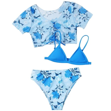 adviicd Baby Swimsuit Girl Girls Bathing Suits 3 Piece Swimsuit Summer Bikini Tankini Sets with Cover Up Skirt (Blue 11-12 Years)