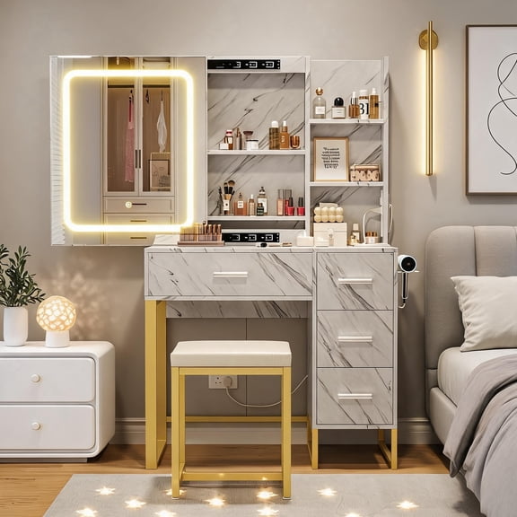 Makeup Vanity Desk with LED Lighted Sliding Mirror, 4 Drawers, Storage Shelves, Power Outlet, Cushioned Stool