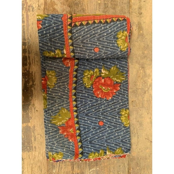 Indian Gudari Kantha Work Quilt Winter Bedspread Patch Counterpane Printed Throw