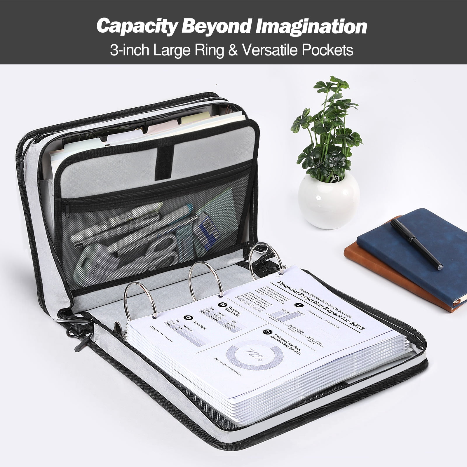 MoKo Zipper Binder, 3 in 3 Ring 600 Sheet Capacity Binder Organizer, Black