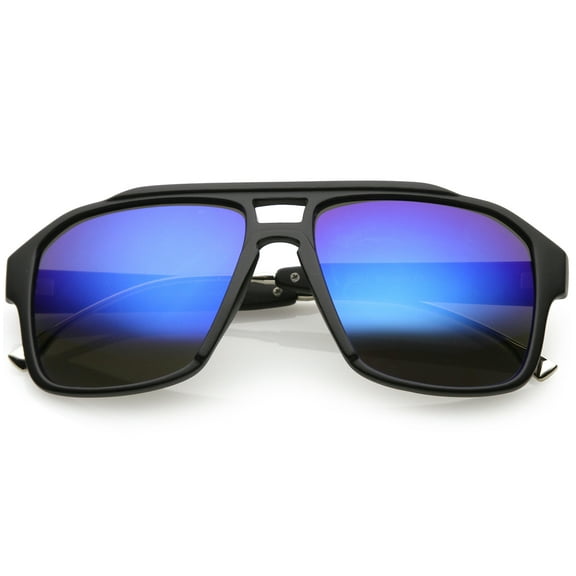 Sporty Aviator Sunglasses Flat Top Keyhole Nose Bridge Square Mirrored Lens 55mm (Matte Black / Blue Mirror)
