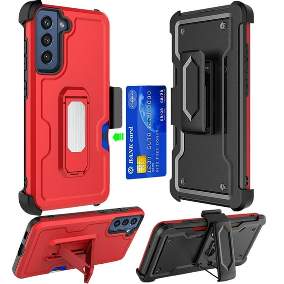 Ultra Rugged Hybrid Kickstand Case with Card Slot and Belt Clip Holster for Samsung Galaxy S23 Plus - Red