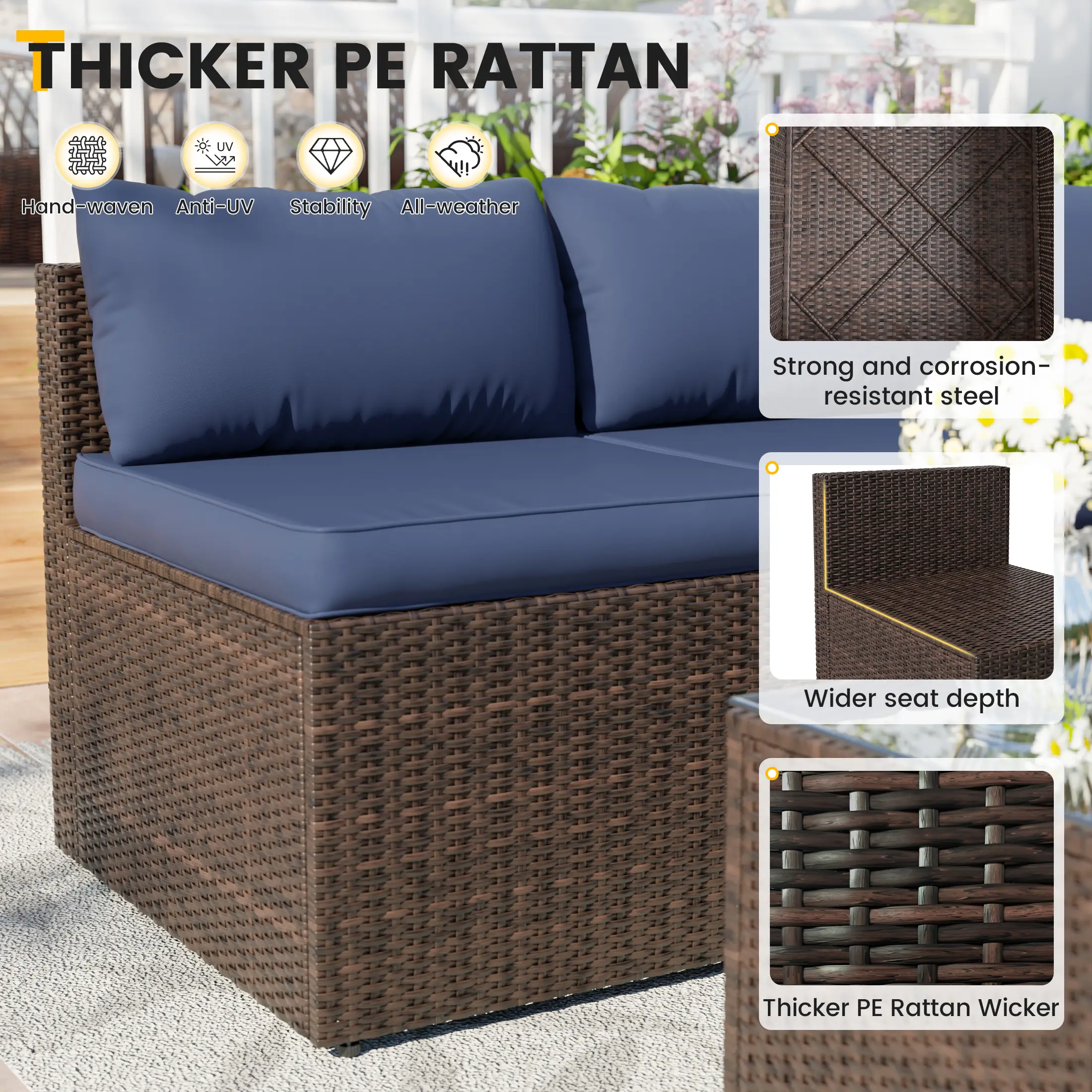 UDPATIO 5-Piece Patio Furniture Set,Outdoor Patio Furniture Set All-Weather Rattan Wicker Patio Conversation Set with Ottoman, Cushions & Glass Table for Garden & Backyard,Navy Blue