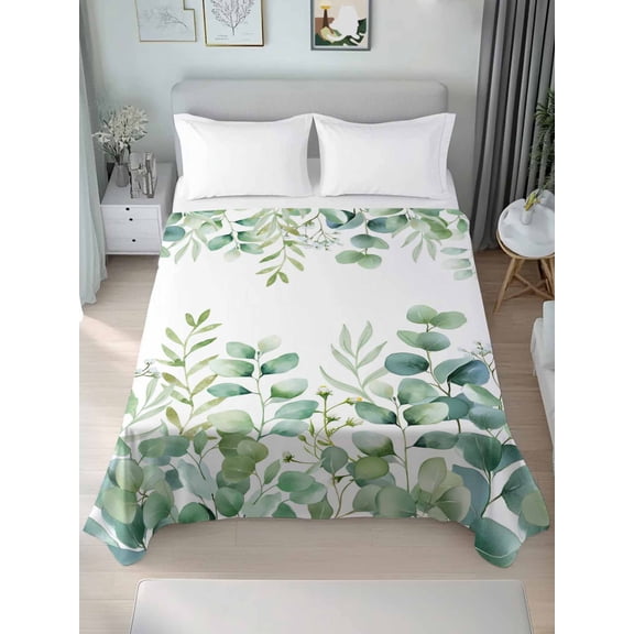 Twin Size Flat Sheet Only, Sage Green Eucalyptus Soft Brushed Microfiber Bed Sheets, Farmhouse Botanical Leaves Hotel Quality Breathable Bedding Top Sheet, Easy Care, 66"x96"