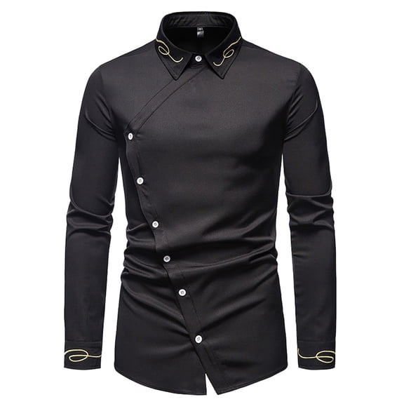 RUTAYY Men's Shirts Embroidered Asymmetrical Long Sleeve Solid Color Denim Shirt Turndown Collar Comfortable Breathable Classic Seaside Blouse