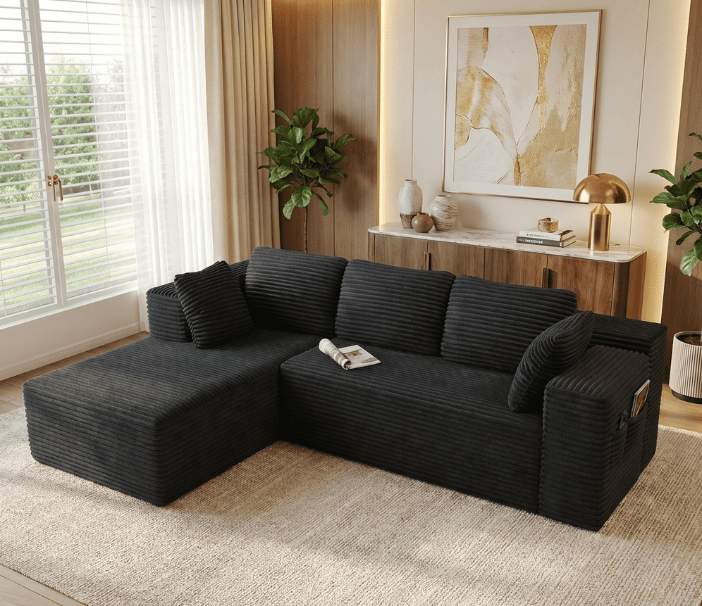 105" No-Assembly Modular L-Shaped Sectional Sofa, Comfy Corduroy Deep Seat Cloud Couch with Chaise, Modern Boneless Sofa for Living Room, Bleige