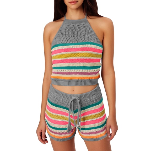 Two Piece Set for Women Summer Crochet Knit Vacation Beach Outfits Crop Top Shorts Matching Sets