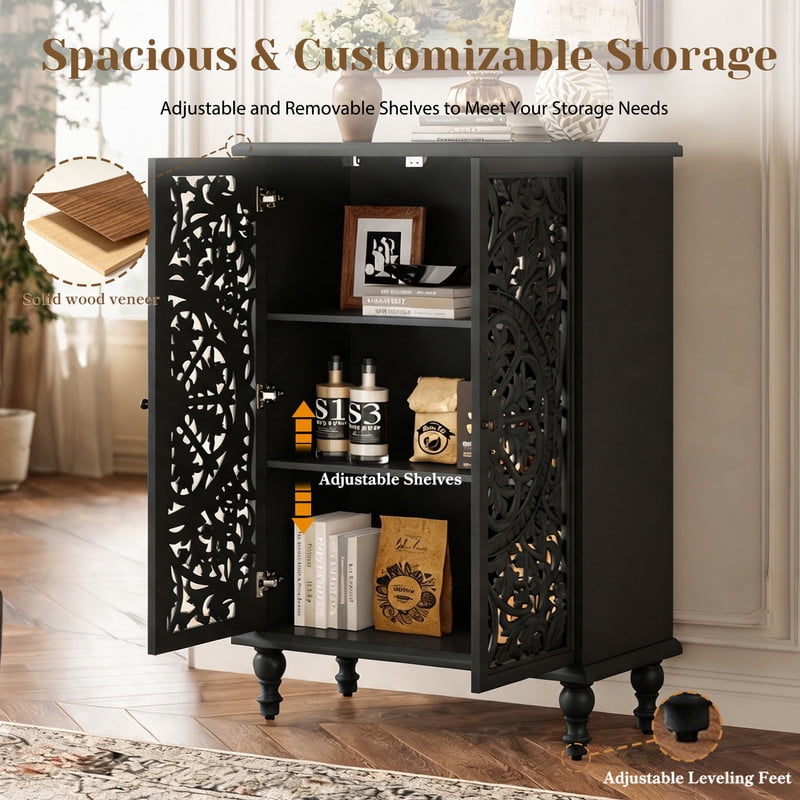 Freestanding Accent Storage Cabinet with Hollowed Out Carved Double Door, Farmhouse Display Buffet Chest with Adjustable Shelf