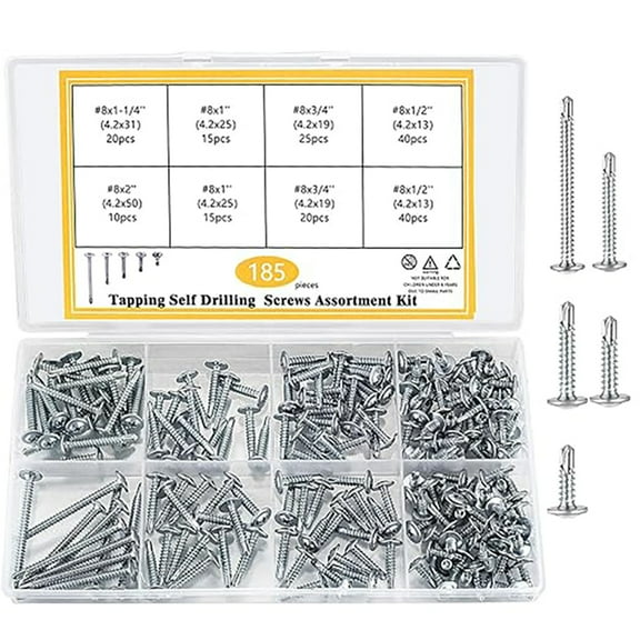 185-Pcs M4.2 Flat Head Self-Drilling Screws, Phillips Drive, Self-Tapping Metal Screws for Wood, Metal, and Plastic.
