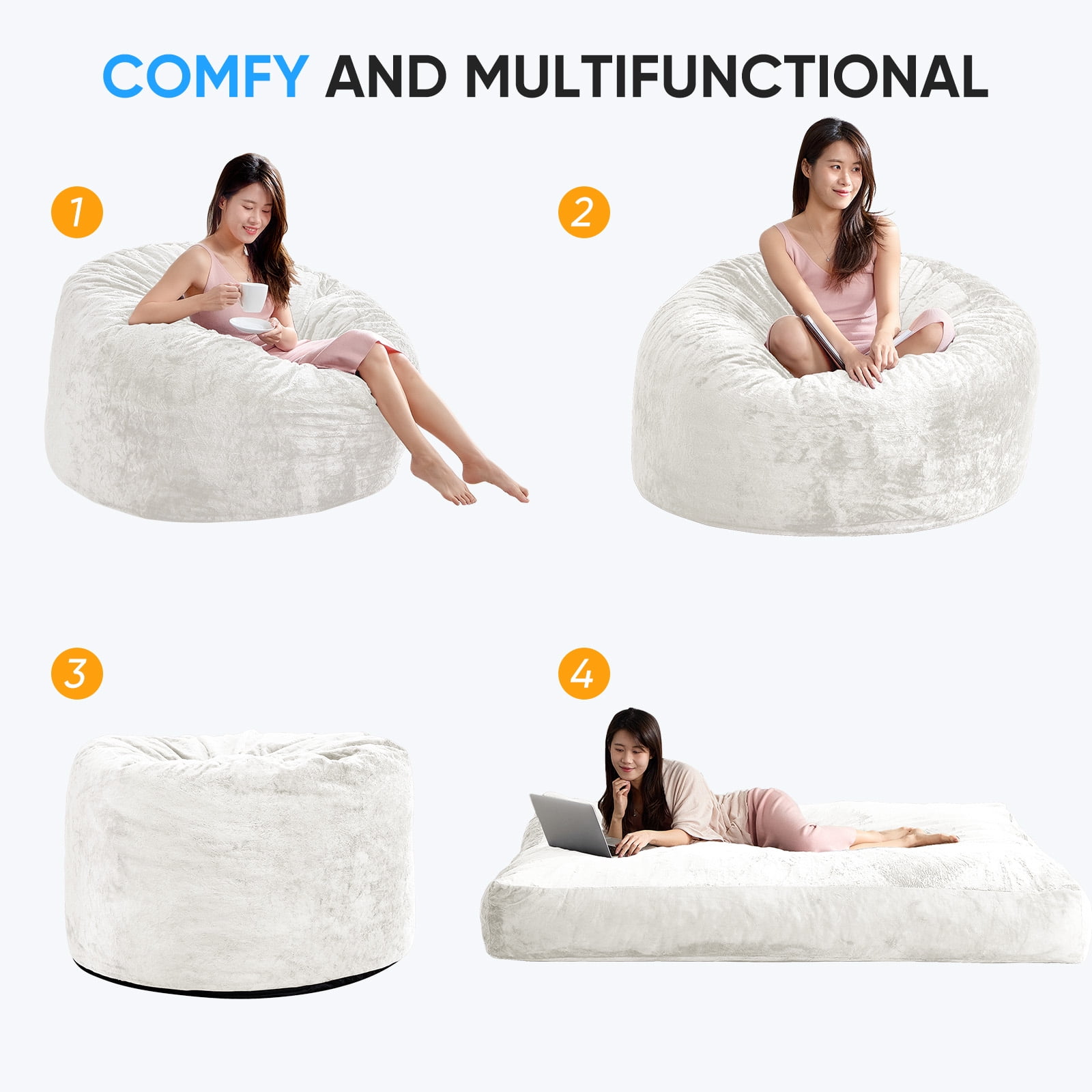 BALUS Convertible 2-in-1 Bean Bag Chair & Bed with Removable Velvet Covers, Memory Foam Giant Bean Bag for Apartment, White