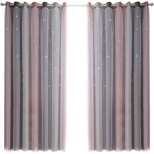 Cortinas Estrellas Opacas, Cortinas Doble Capa Rayas Huecas, Cortinas Ventanas Cortinas Opacas para Habitación Infantil, Sala de Estar