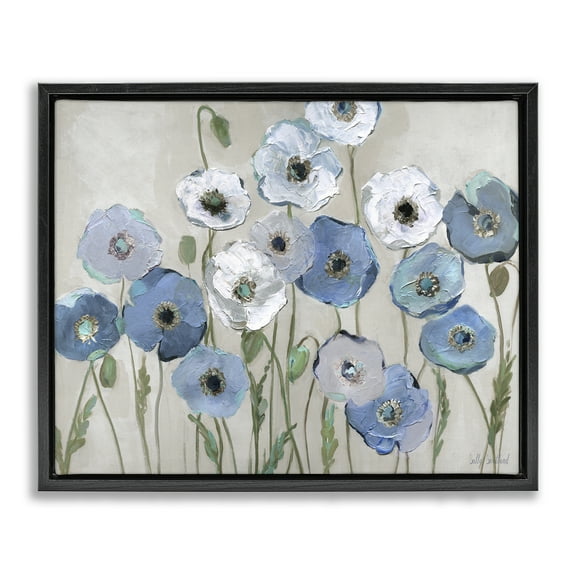 Stupell Industries Round Blue & White Poppies Plants & Flowers Painting Black Floater Framed Canvas Art Print Wall Art, 21 x 17