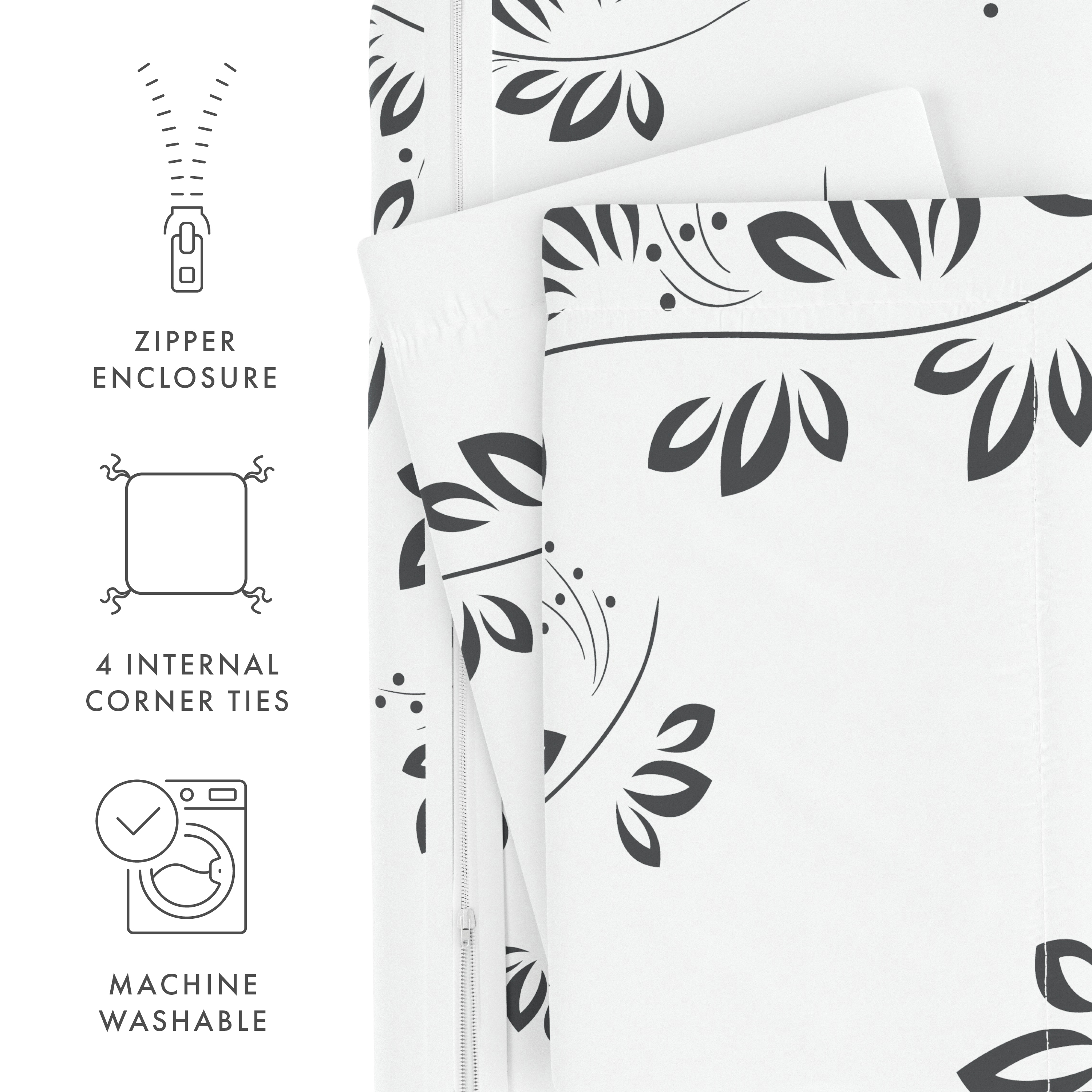 Noble Linens Gray Simple Vine Print Duvet Set 3-Piece Duvet Cover Set, Full/Queen