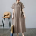 thumbnail image 6 of Cotton Linen Maxi Dresses for Women, Short Sleeve T-Shirt Dress with Pockets, Button V-Neck Flowy Solid Color Dressy Dresses Womens Plus Size Summer Dresses Khaki L, 6 of 7