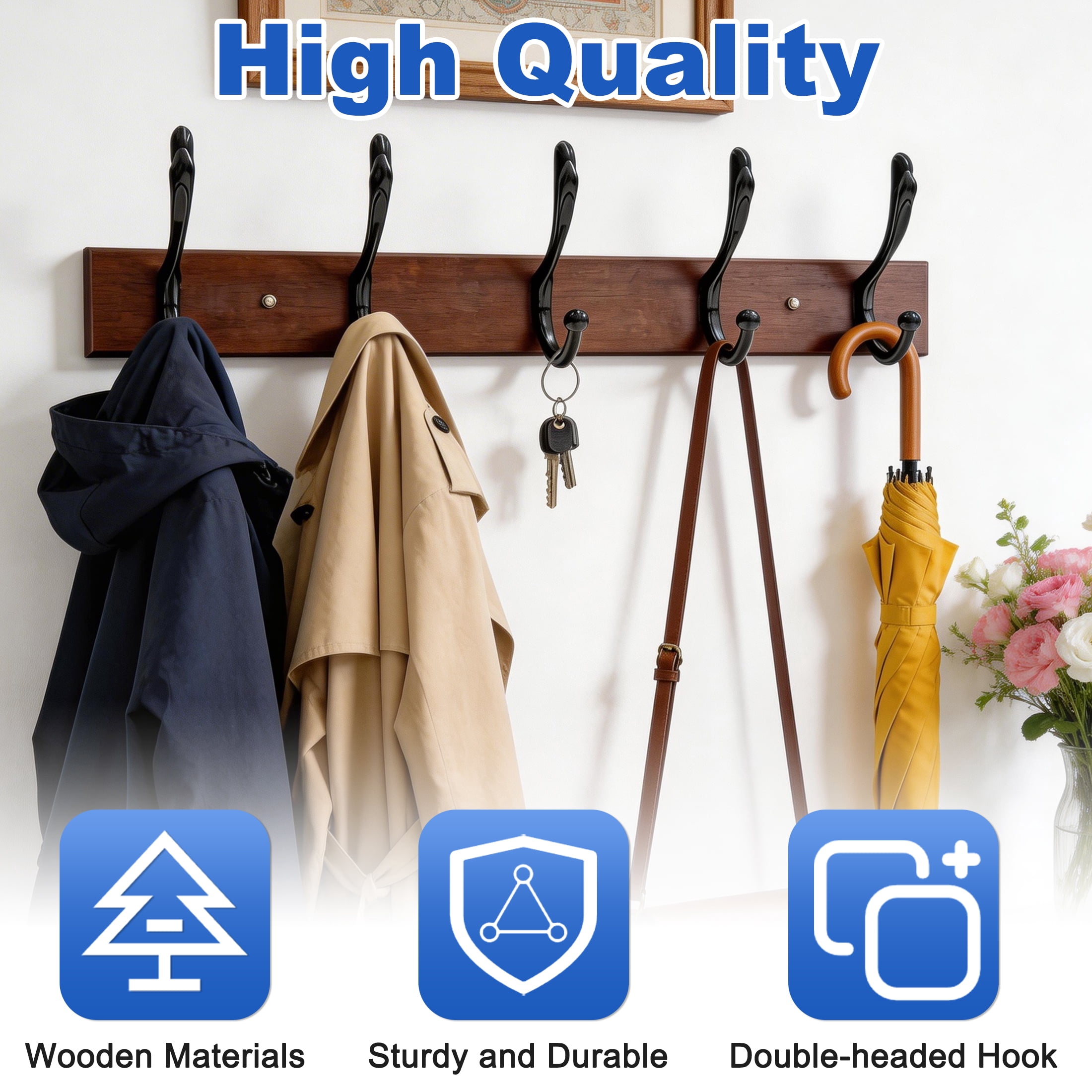 2 Pack Wall Mount Coat Hook Rack, Wooden Coat Rack with 5 Double Metal Hooks, Heavy Duty Entryway Hat Bag Towel Hanger for Bedroom Closet, Entryway Organizer for Coats, Hats, Bags and Umbrellas