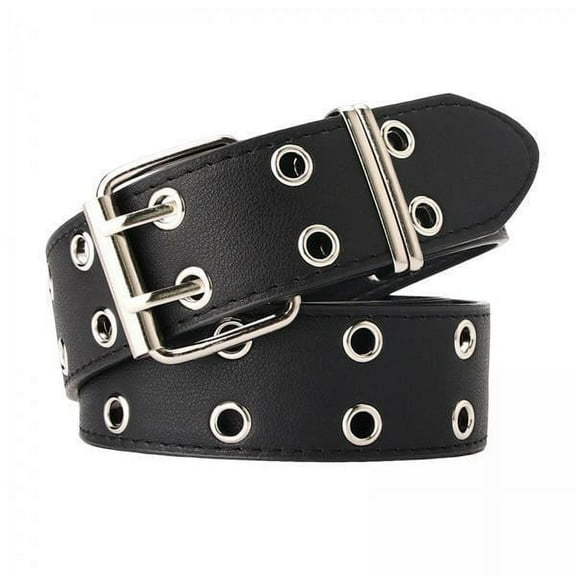 hengtong 3xDouble Grommet Belt PU Leather Double Prong Buckle for Men Women Black