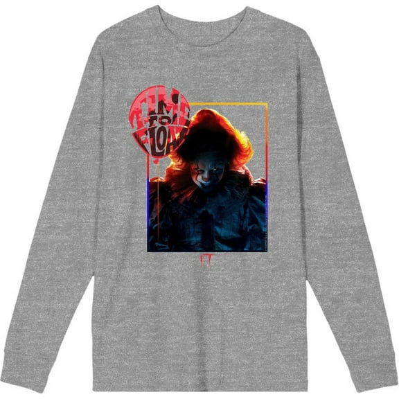 It Chapter 2 Pennywise Time To Float Adult Heather Gray Crew Neck Long Sleeve Tee-Medium