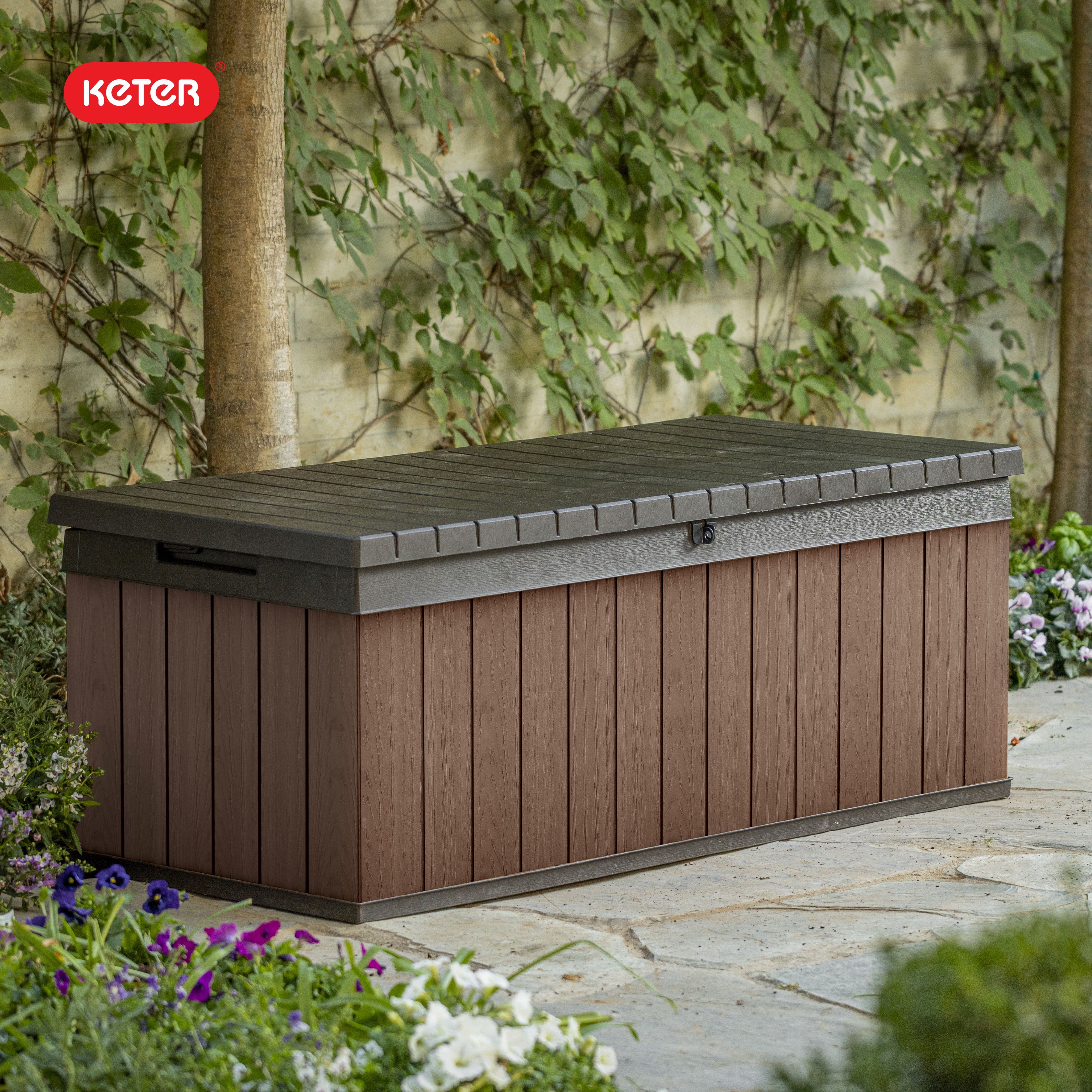 Keter Darwin 100 Gallon Resin Large Deck Box - Organization and Storage for Patio Furniture, Outdoor Cushions, Garden Tools and Pool Toys, Brown
